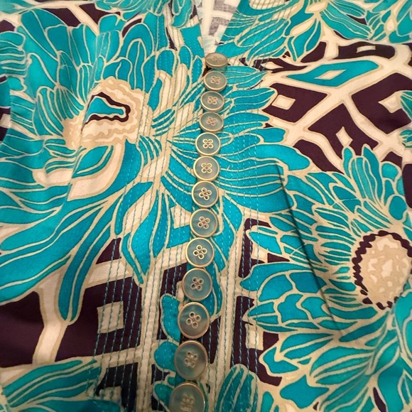 Etcetera by Carlisle Teal/White Floral Long sleeve Button Blouse Size 12/Large - Picture 7 of 13
